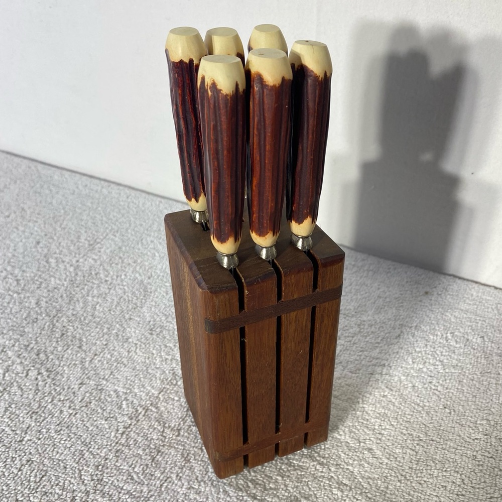 Vintage J Craft Wooden Knife Block W Faux Antler Cutron Canada Steak Knife Set
